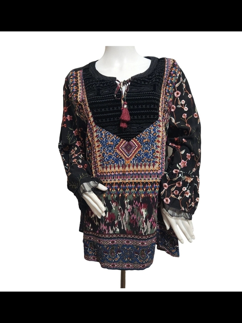 John Mark Women's Velvet Tunic Long Sleeve Boho Floral Embroidered Size M NWT 49